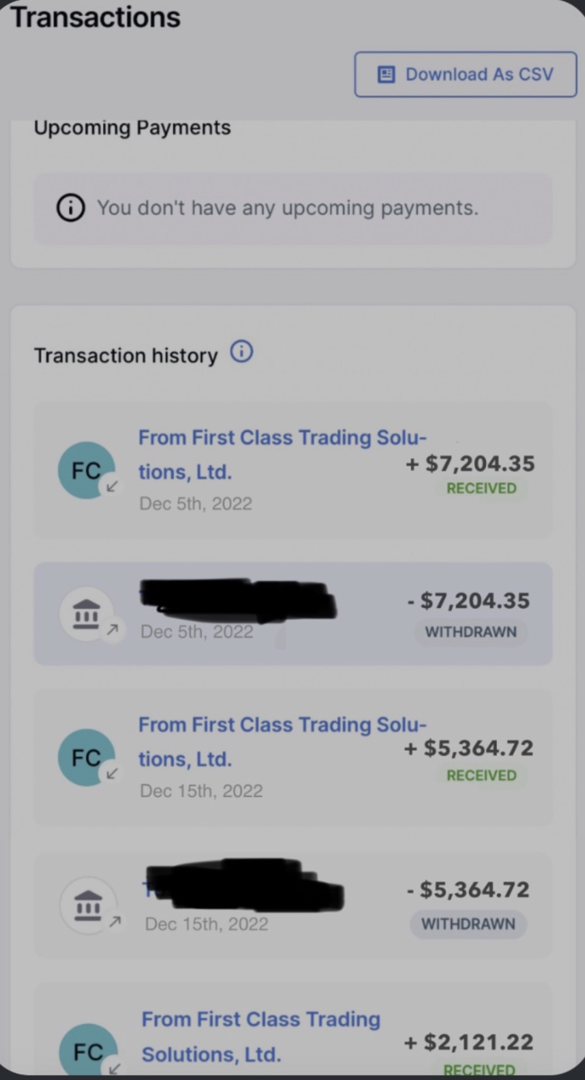 Transaction history — supplied screenshot