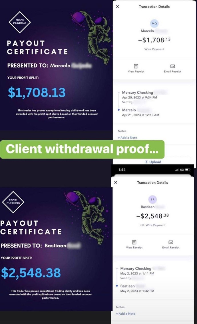 Payout certificates and transactions — supplied screenshot