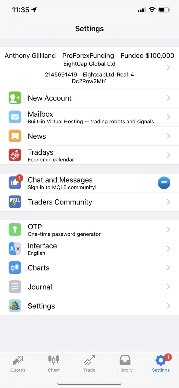 Funded account details — supplied screenshot